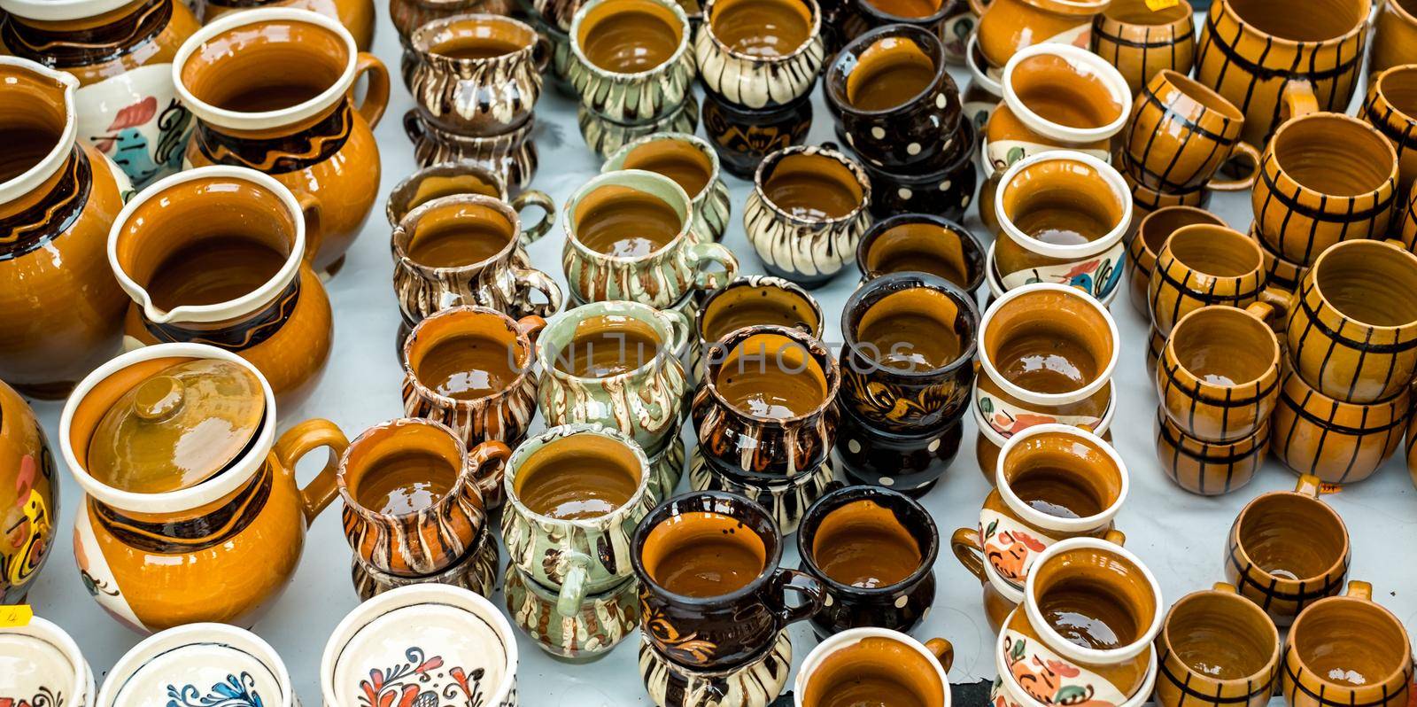 Sibiu City, Romania - 06 September 2020. Traditional Romanian handmade ceramics market at the potters fair from Sibiu, Romania