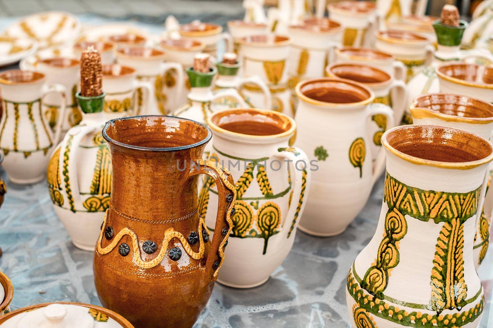 Sibiu City, Romania - 06 September 2020. Traditional Romanian handmade ceramics market at the potters fair from Sibiu, Romania