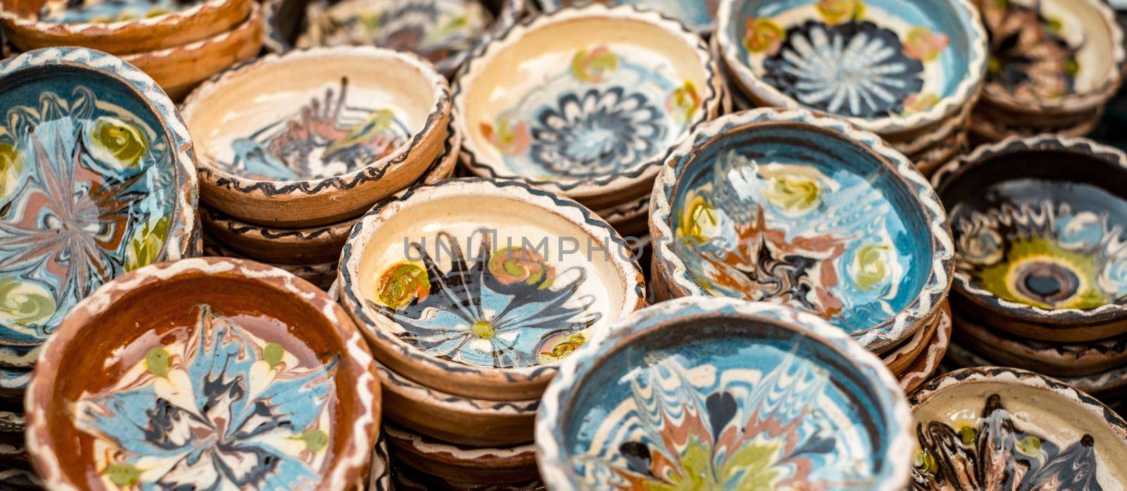 Sibiu City, Romania - 06 September 2020. Traditional Romanian handmade ceramics market at the potters fair from Sibiu, Romania