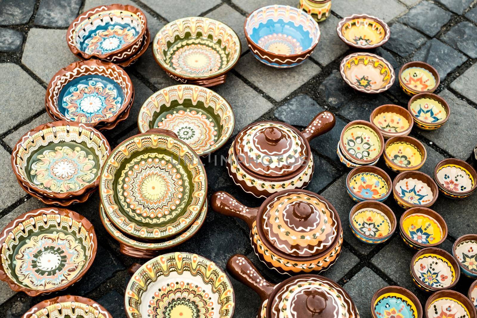 Sibiu City, Romania - 06 September 2020. Traditional Romanian handmade ceramics market at the potters fair from Sibiu, Romania