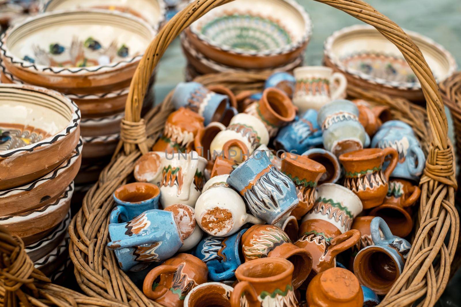 Sibiu City, Romania - 06 September 2020. Traditional Romanian handmade ceramics market at the potters fair from Sibiu, Romania