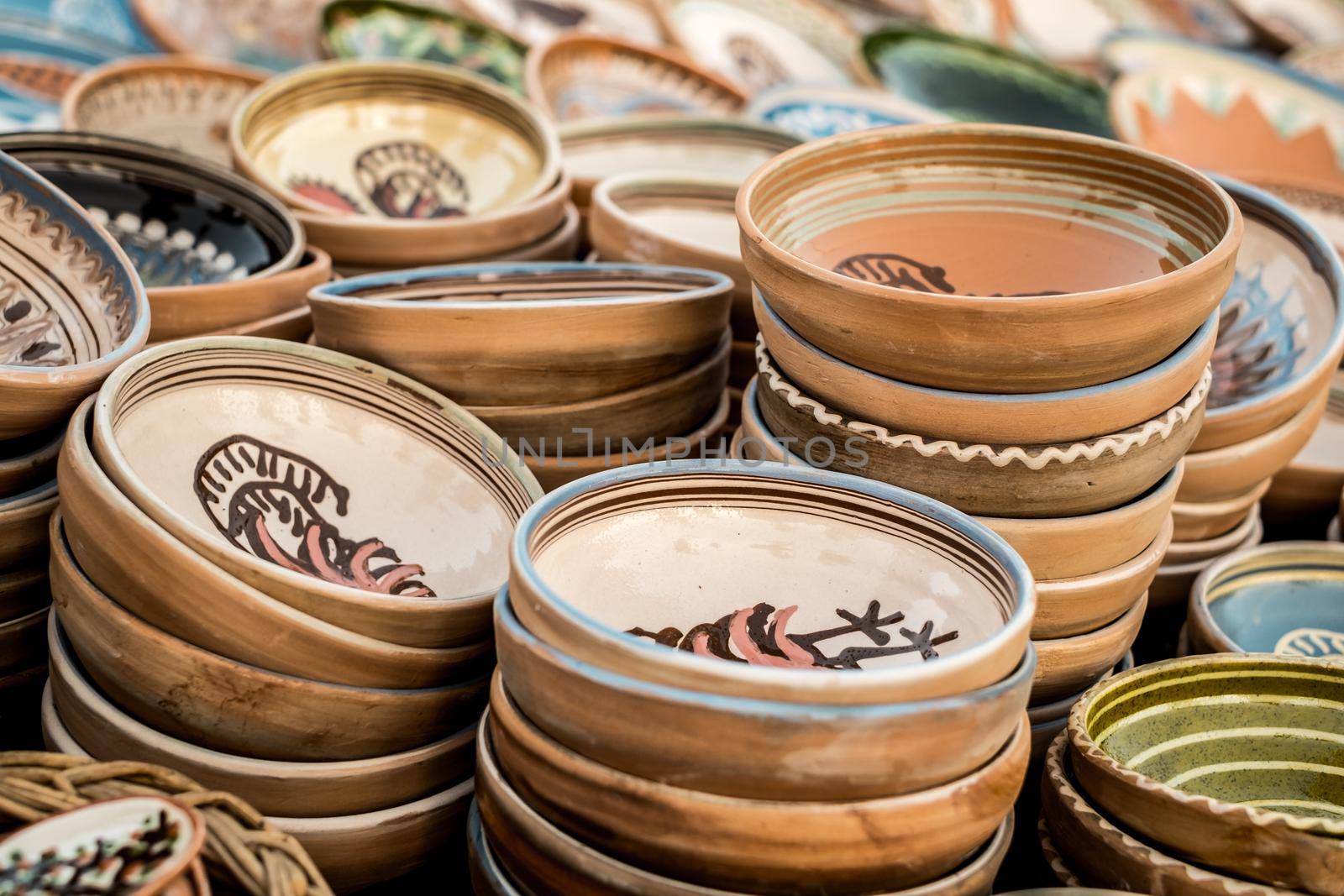 Sibiu City, Romania - 06 September 2020. Traditional Romanian handmade ceramics market at the potters fair from Sibiu, Romania