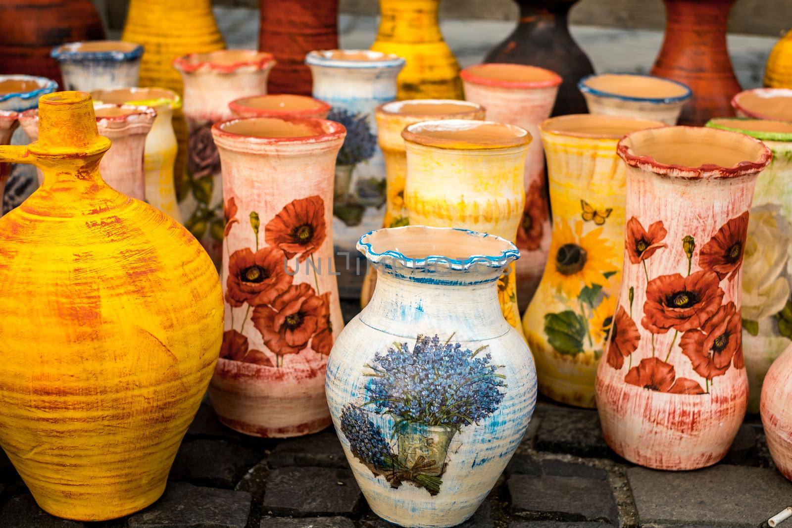 Sibiu City, Romania - 06 September 2020. Traditional Romanian handmade ceramics market at the potters fair from Sibiu, Romania