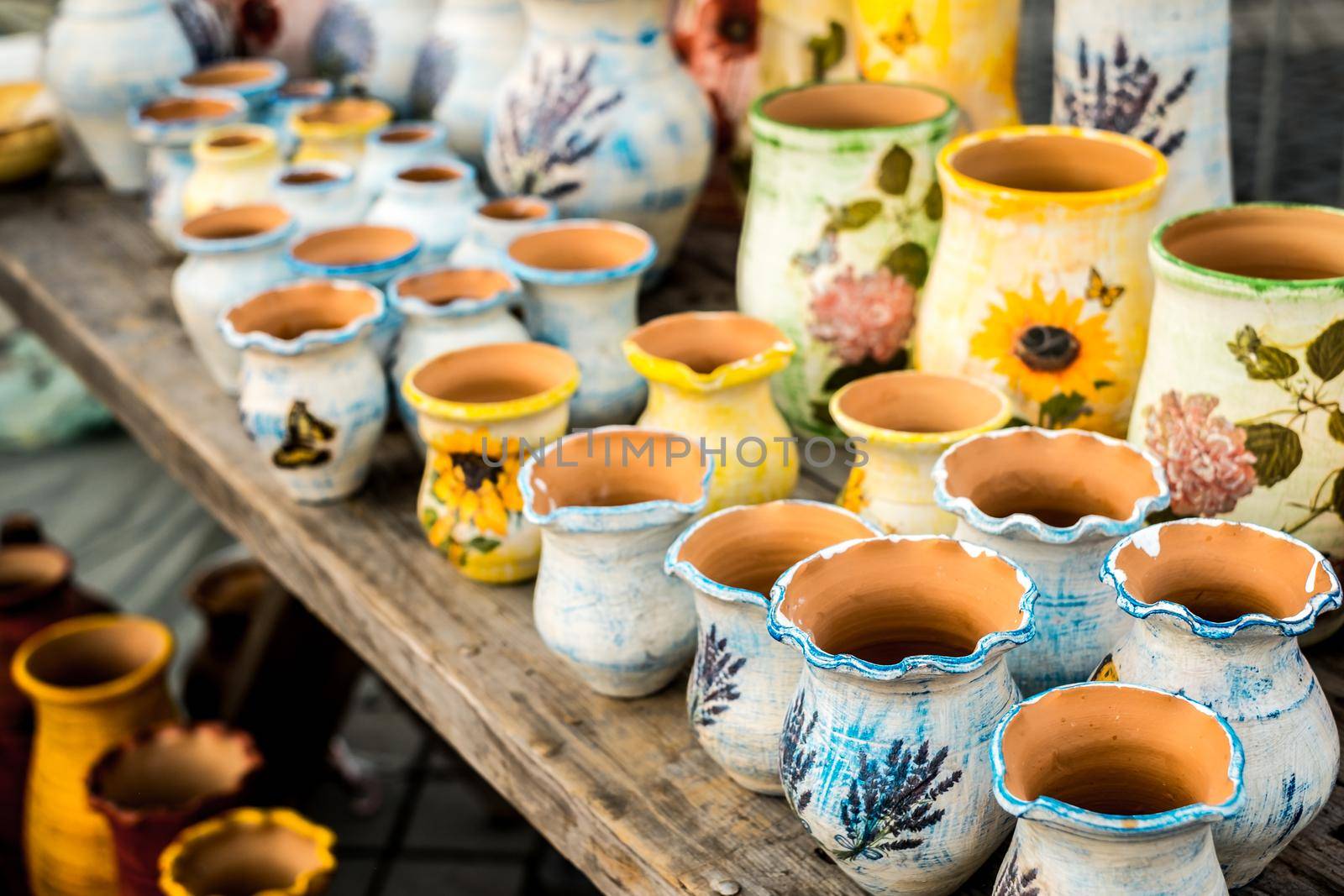 Sibiu City, Romania - 06 September 2020. Traditional Romanian handmade ceramics market at the potters fair from Sibiu, Romania