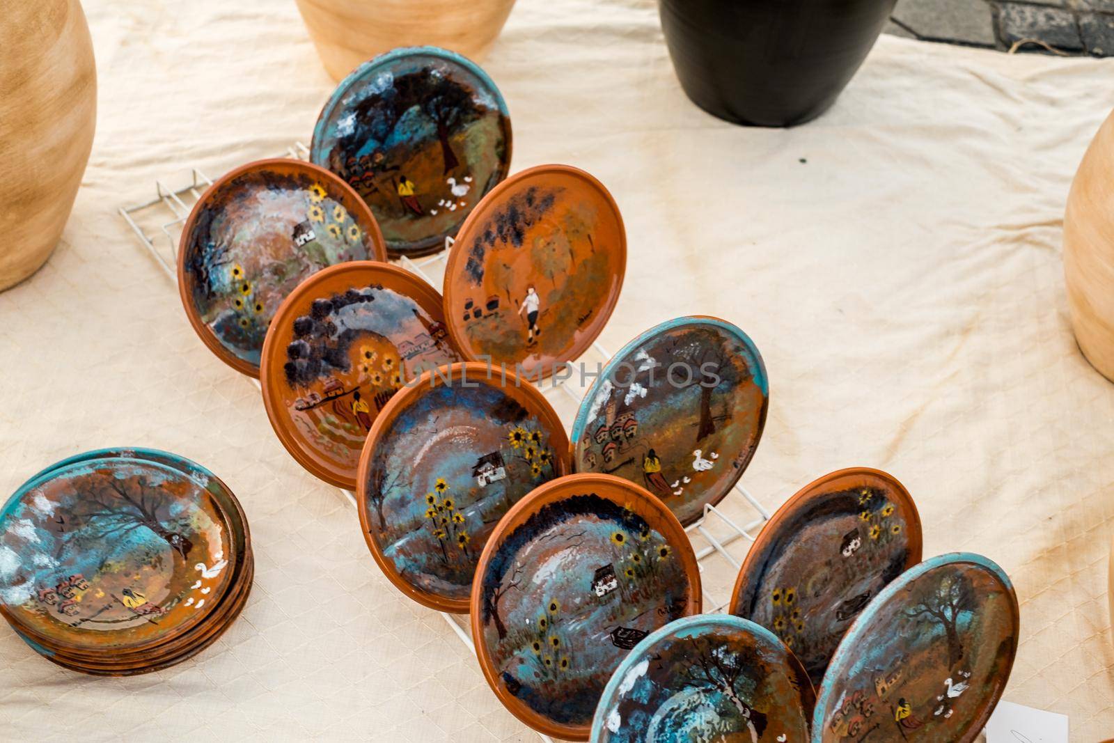 Sibiu City, Romania - 06 September 2020. Traditional Romanian handmade ceramics market at the potters fair from Sibiu, Romania