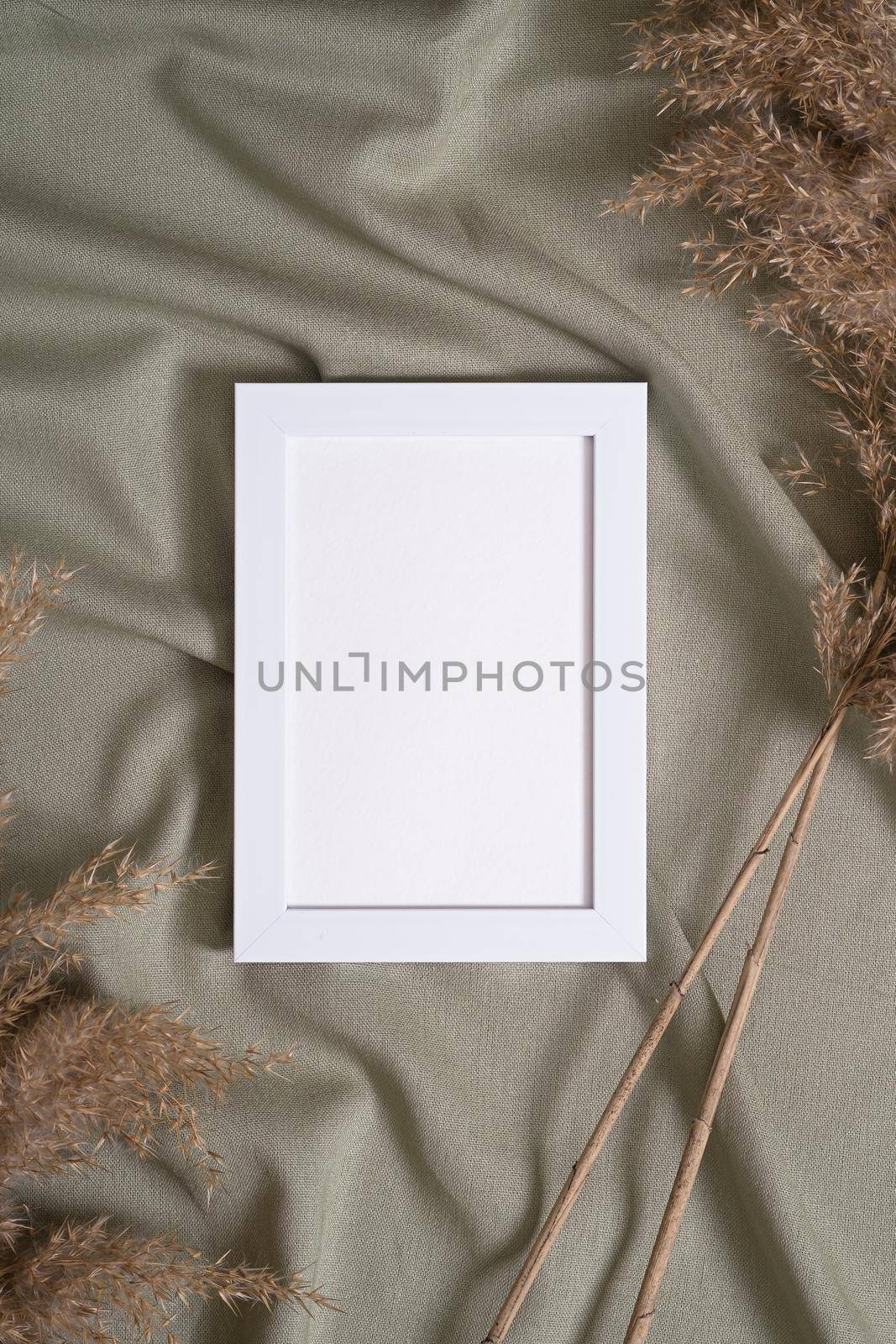 Picture frame with blank paper card mockup near to pampas dry grass on green neutral colored textile by Frostroomhead