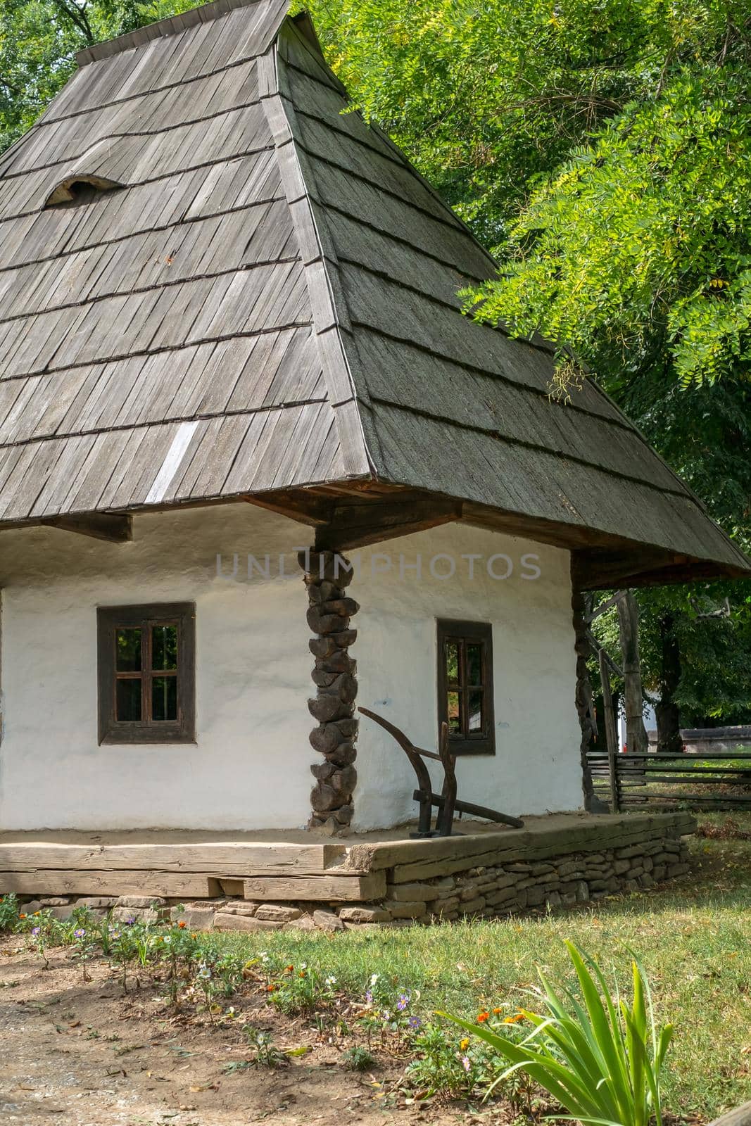 Bucharest, Romania, September 5, 2017. Authentic peasant farms and houses from all over Romania in Dimitrie Gusti National Village Museum, an open-air ethnographic museum located in the Herastrau Park showcasing traditional Romanian village life