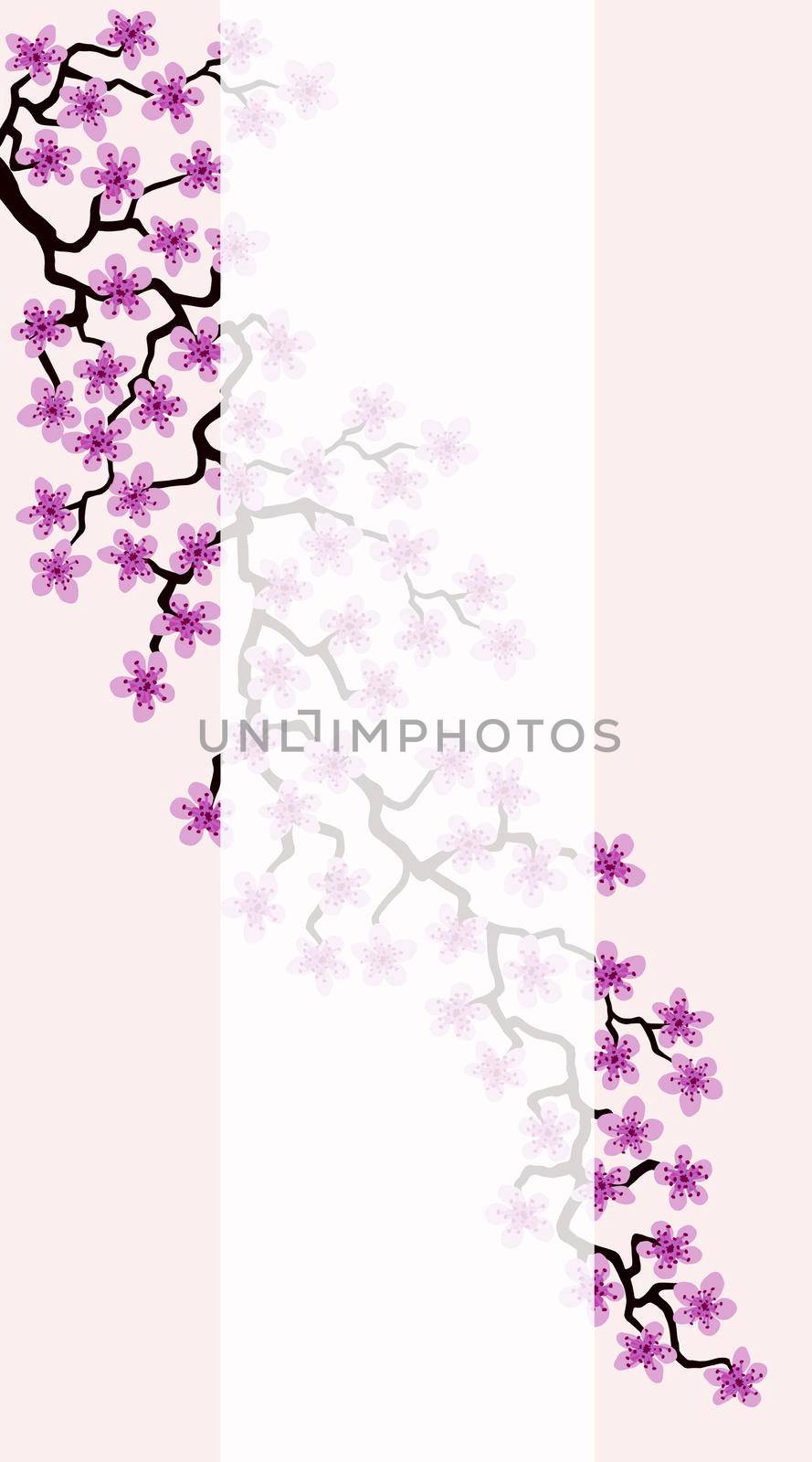 Vertical Floral greeting card with beautiful pink blossom flowers branch Sakura. Peach colors Background with copy space on Cherry Twig In Bloom.Postcard good for wedding invitation, Mother, Women day