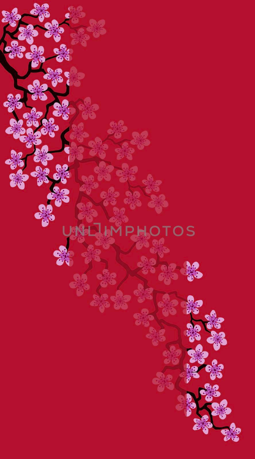 Vertical Floral greeting card with beautiful pink blossom flowers branch Sakura.Red colors Background with copy space text on Cherry Twig In Bloom.Postcard good for wedding invitation,Mother,Women day