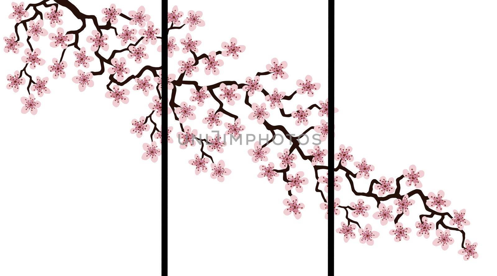 Floral greeting card with beautiful pink blossom flowers branch Sakura. White colors Background with copy space text on Cherry Twig In Bloom. Postcard good for wedding invitation, Mother, Women day.