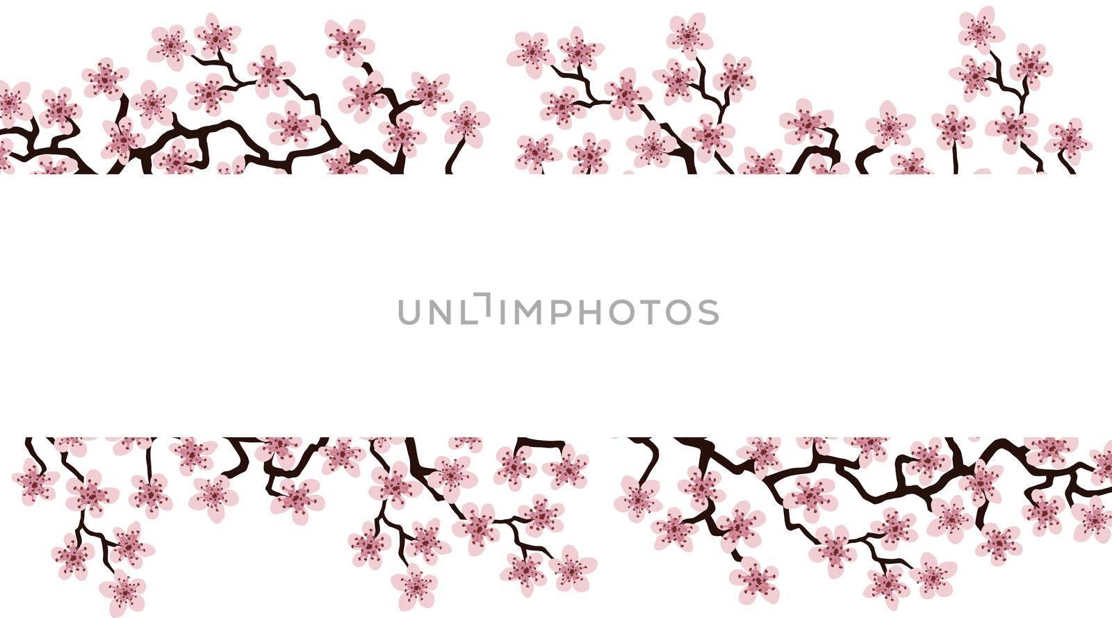 Floral greeting card with beautiful pink blossom flowers branch Sakura. White colors Background with copy space text on Cherry Twig In Bloom. Postcard good for wedding invitation, Mother, Women day.