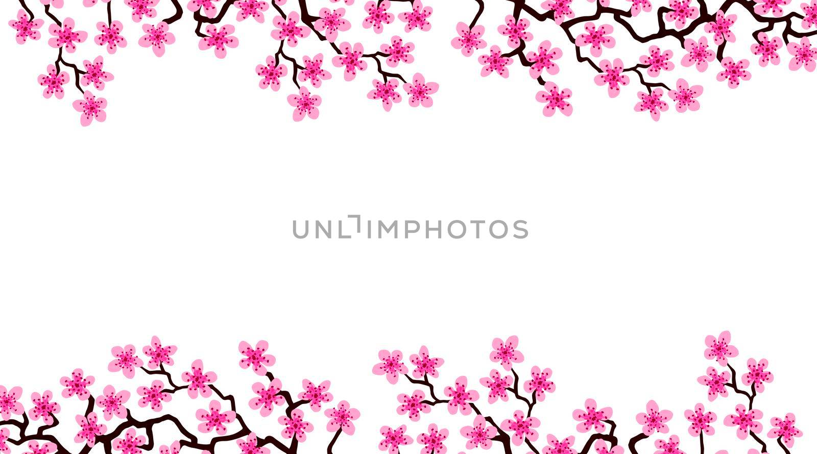 Banner with blossom sakura flowers.Floral wedding invitation card template design. White background of summer pink blooming sakura branch decoration, copy space. Postcard Mother, Women day