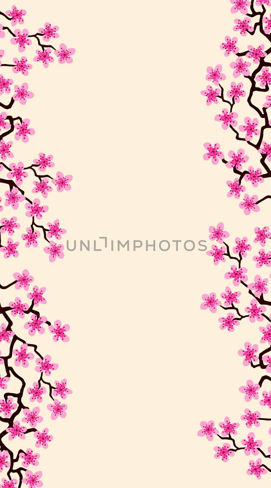 Vertical banner with blossom sakura flowers.Floral wedding invitation card template design. Pink background of summer fuchsia blooming sakura branch decoration, copy space. Postcard Mother, Women day