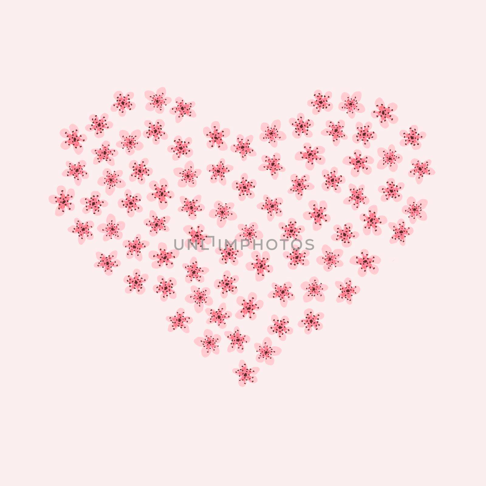 Modern Business card Design Template with heart made of pink sakura flowers decoration on light pink background.Template of premium gift voucher,discount coupon, Greeting card,packing.Copy space text by Angelsmoon