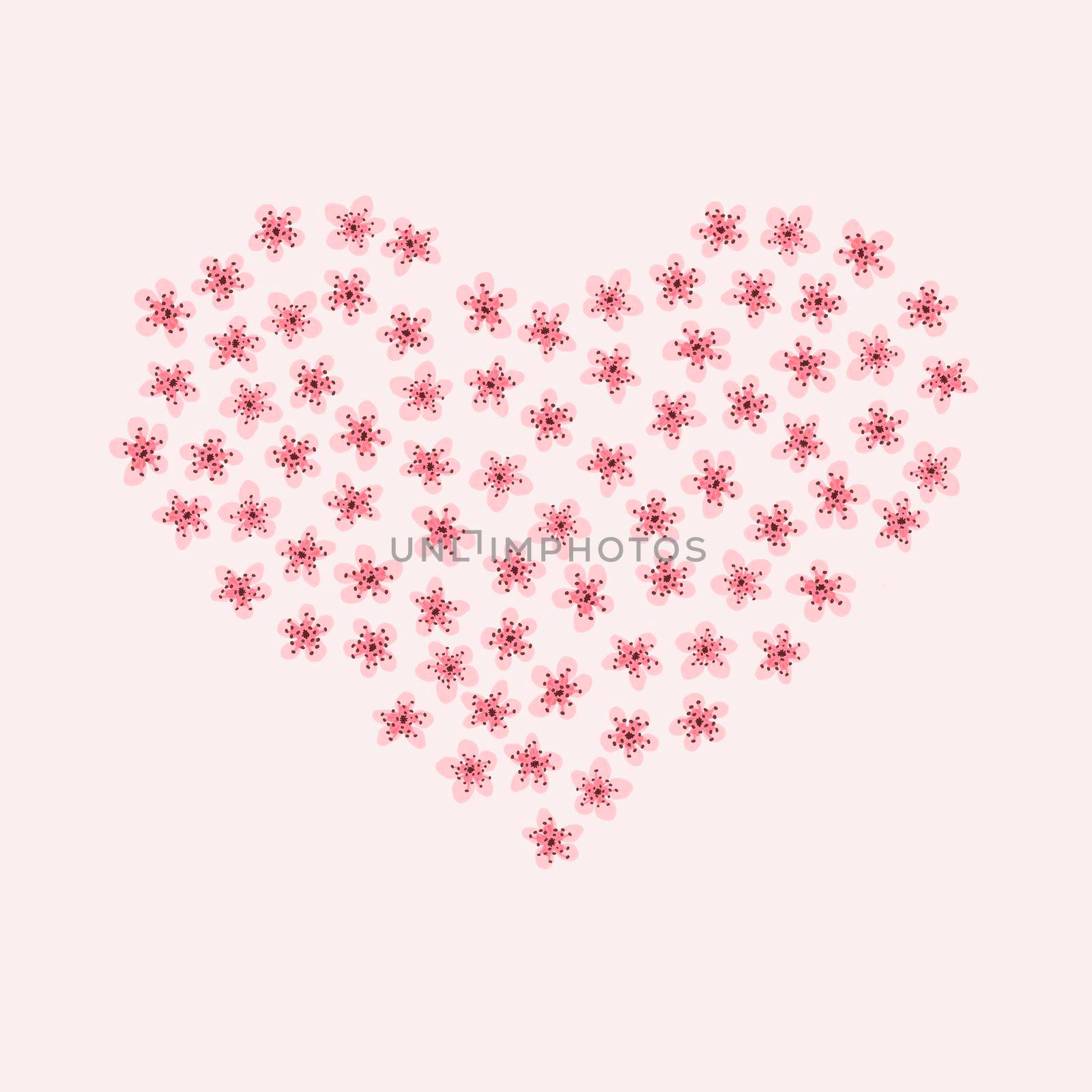 Modern Business card Design Template with heart made of pink sakura flowers decoration on light pink background.Template of premium gift voucher, discount coupon, Greeting card,packing.Copy space text
