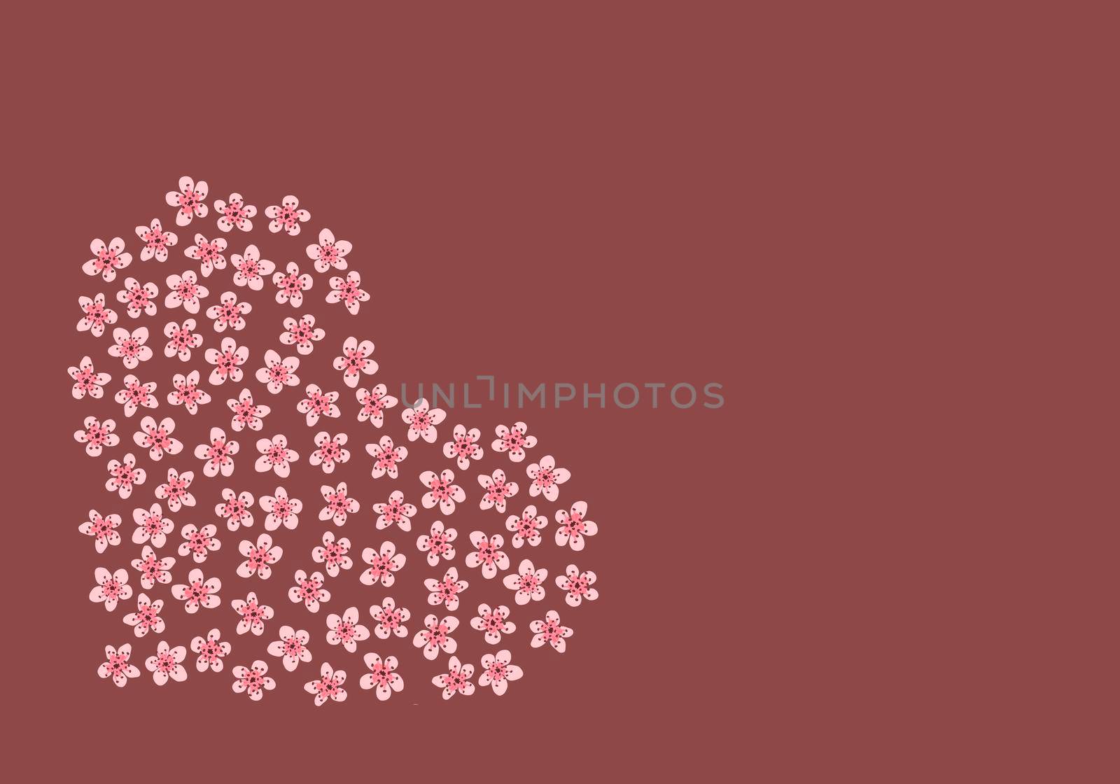 Modern Business card Design Template with heart made of pink sakura flowers decoration on cofee background. Template of premium gift voucher, discount coupon, Greeting card, packing. Copy space text