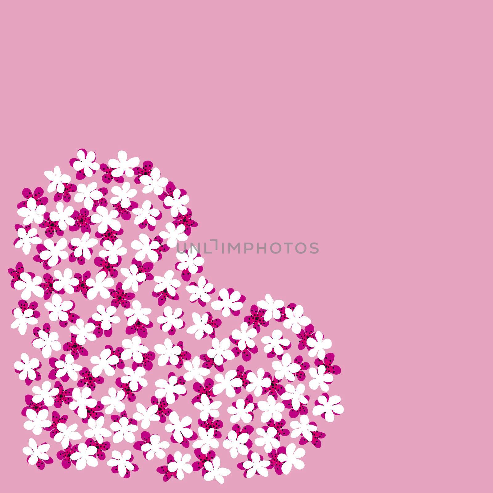 Modern Business card Design Template with heart made of white, burgundy sakura flowers decoration on pink background. Template of premium gift voucher,discount coupon,Greeting card, packing.Copy space