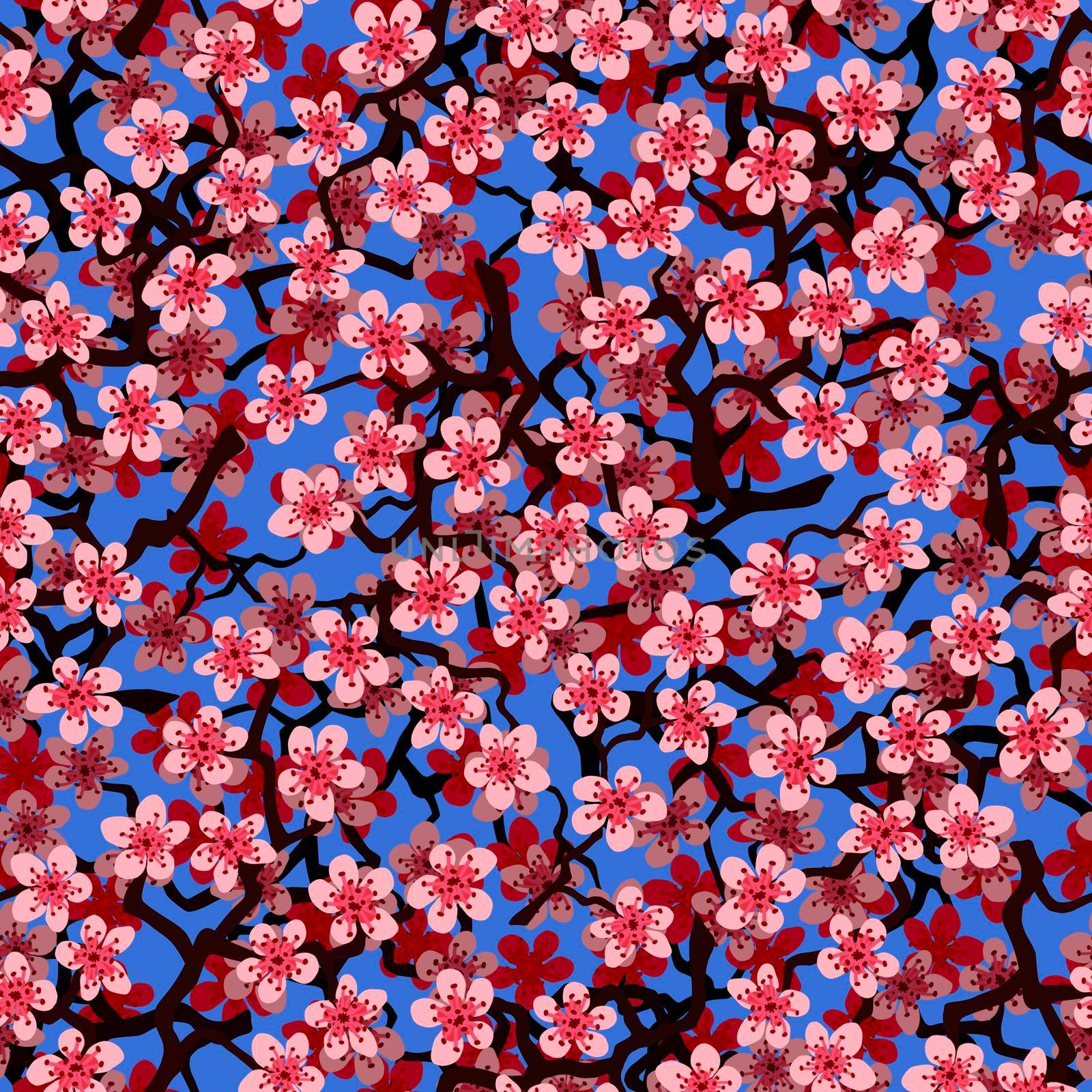 Seamless pattern with blossoming Japanese cherry sakura branches for fabric, packaging, wallpaper, textile decor, design, invitations, print, gift wrap, manufacturing. Pink flowers on cyan background. by Angelsmoon