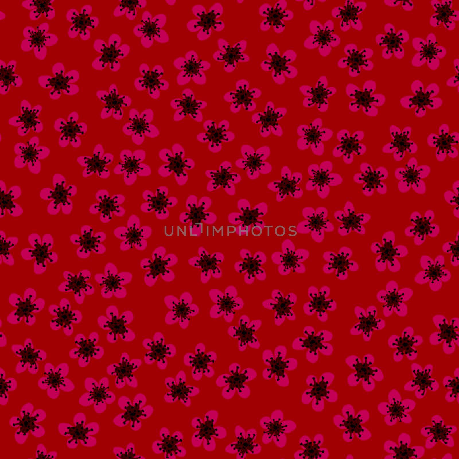 Seamless pattern with blossoming Japanese cherry sakura for fabric, packaging, wallpaper, textile decor, design, invitations, print, gift wrap, manufacturing. Fuchsia flowers on red background. by Angelsmoon