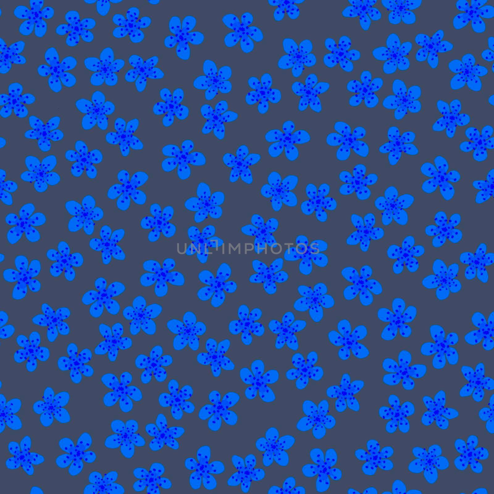 Seamless pattern with blossoming Japanese cherry sakura for fabric,packaging, wallpaper, textile decor, design, invitations, print, gift wrap, manufacturing. Cornflower blue flowers on gray background
