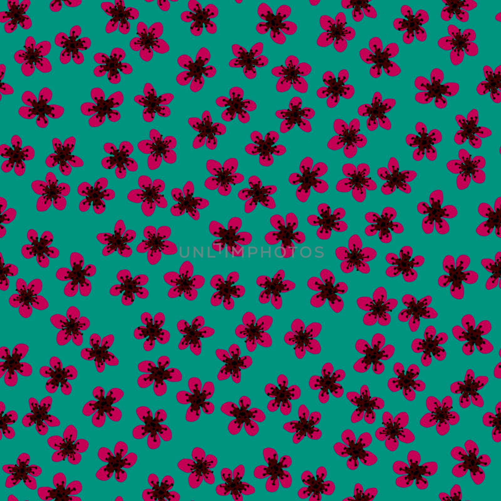 Seamless pattern with blossoming Japanese cherry sakura for fabric, packaging, wallpaper, textile decor, design, invitations, print, gift wrap, manufacturing. Fuchsia flowers on sea green background. by Angelsmoon