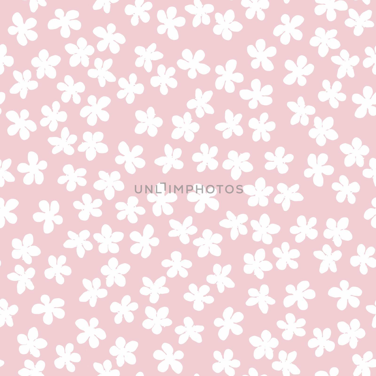 Seamless pattern with blossoming Japanese cherry sakura for fabric, packaging, wallpaper, textile decor, design, invitations, print, gift wrap, manufacturing. White flowers on pink background. by Angelsmoon