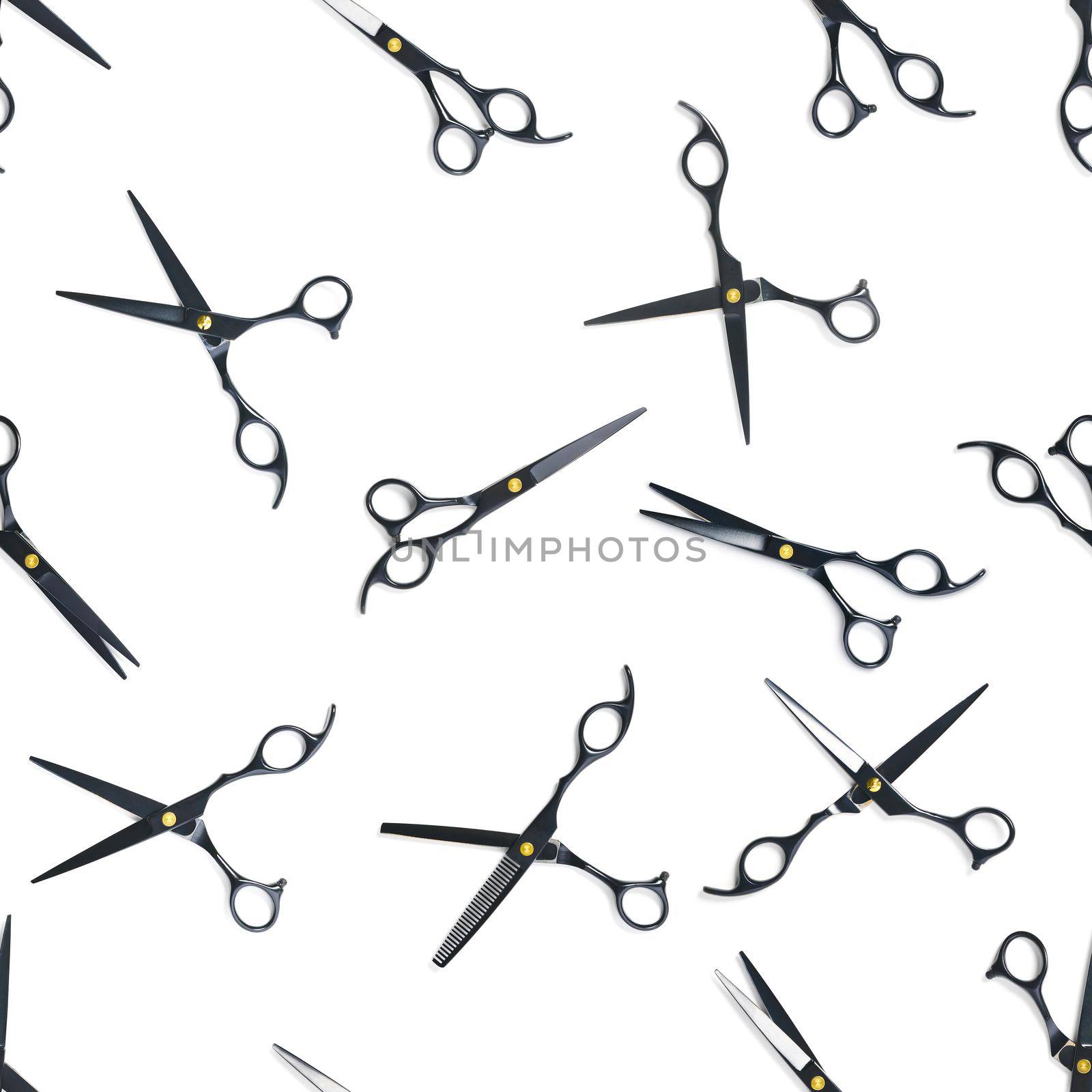 Seamless pattern of black scissors. professional hairdresser black scissors isolated on white. Black barber scissors, close up. pop art background by PhotoTime