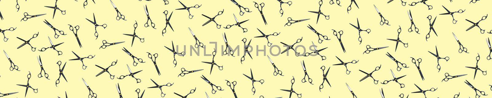 Background made from black scissors. professional hairdresser black scissors isolated on yellow. Black barber scissors, close up. pop art background by PhotoTime