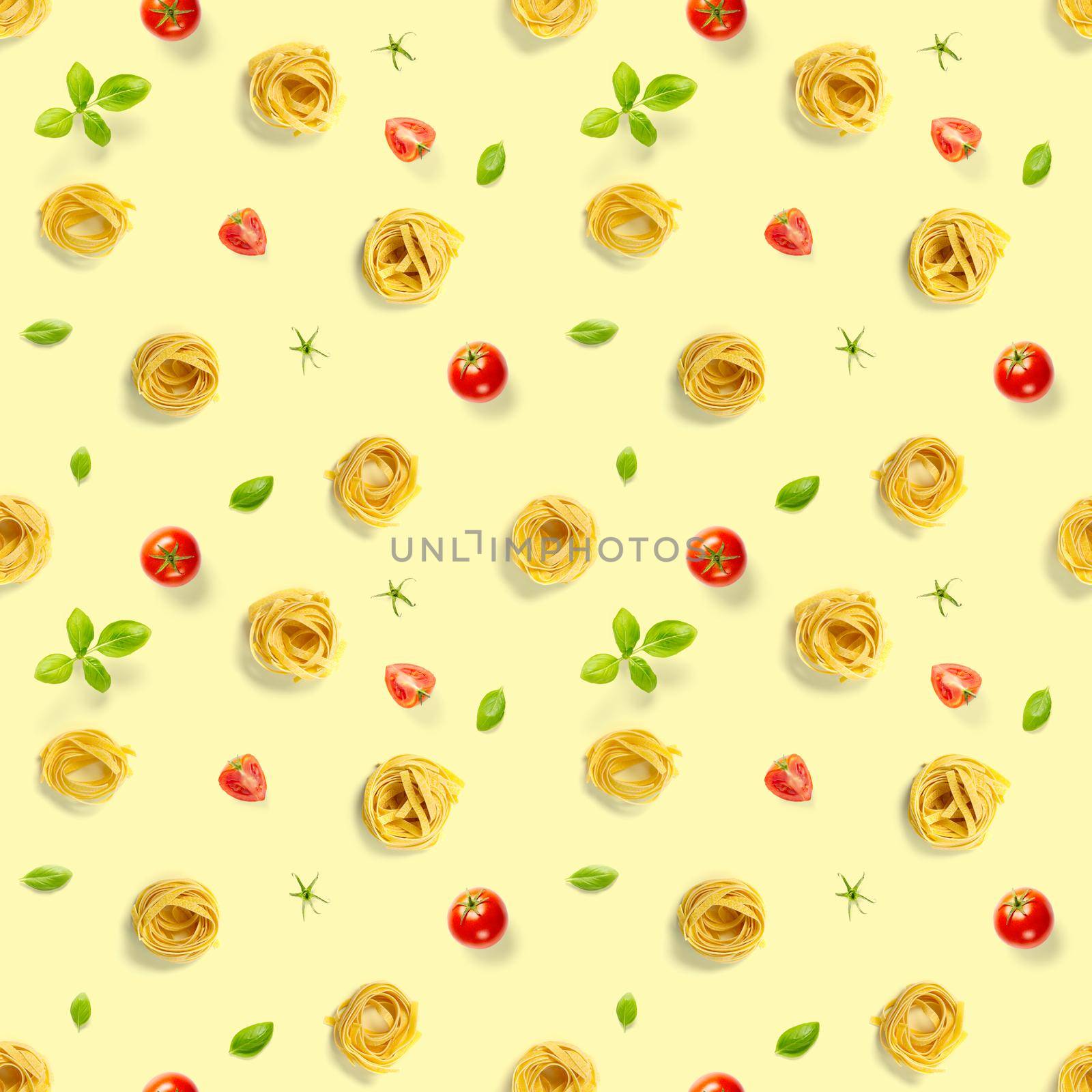 Seamless pattern from Italian tagliatelle pasta. raw pasta fettuccine, pop art background, flat lay. Italian raw nest pasta isolated on yellow.