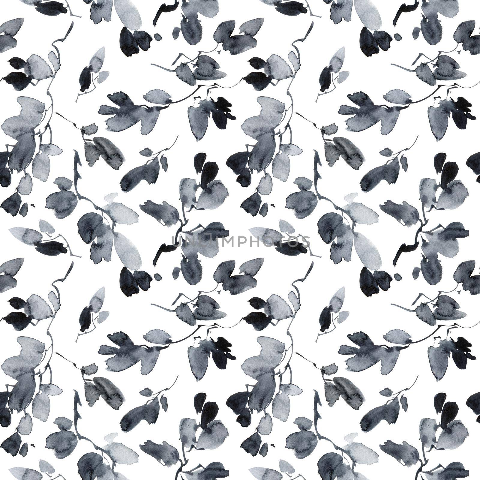 Watercolor and ink illustration of tree leaves - seamless pattern. Oriental traditional painting in style sumi-e, u-sin. Grayscale leaves on white background.