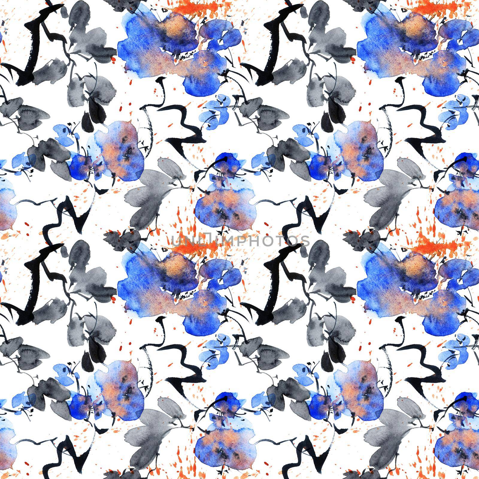 Watercolor and ink illustration of blossom tree with blue flowers and leaves. Oriental traditional painting in style sumi-e, u-sin and gohua. Seamless pattern