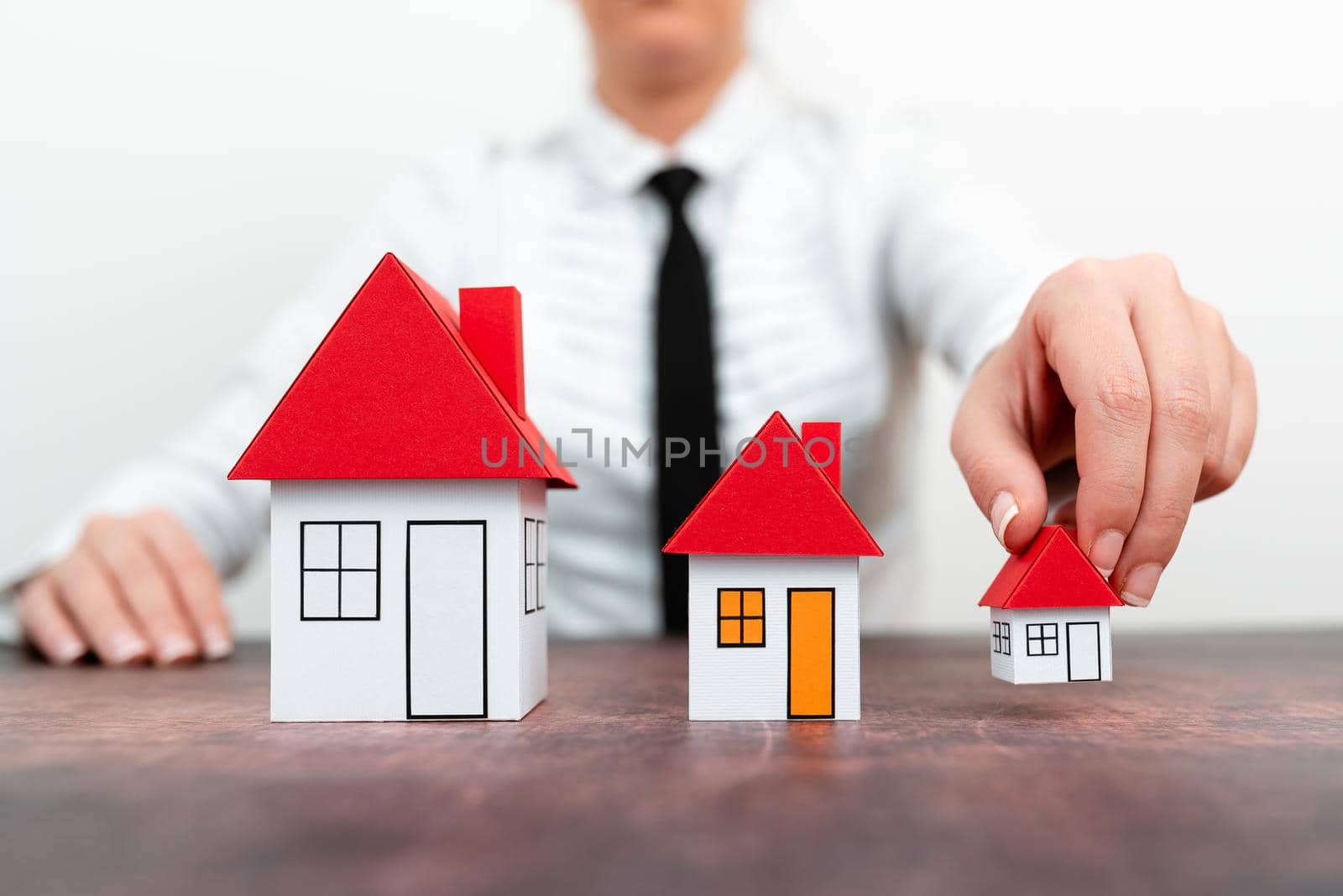 Upgrade Your House Represented By Lady In Outfit, Business Woman Presenting Plans For Home Change, Diffrent Apartment Plan Sizes Comparison, Multiple Selection Of Contracts.