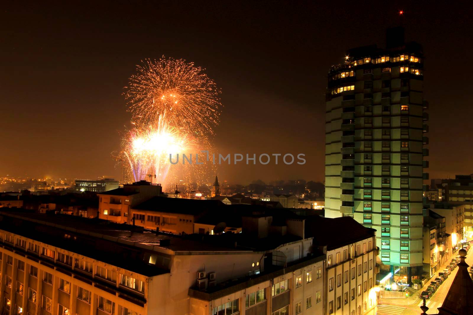 Beautiful fireworks in the city of Porto on New Years Eve