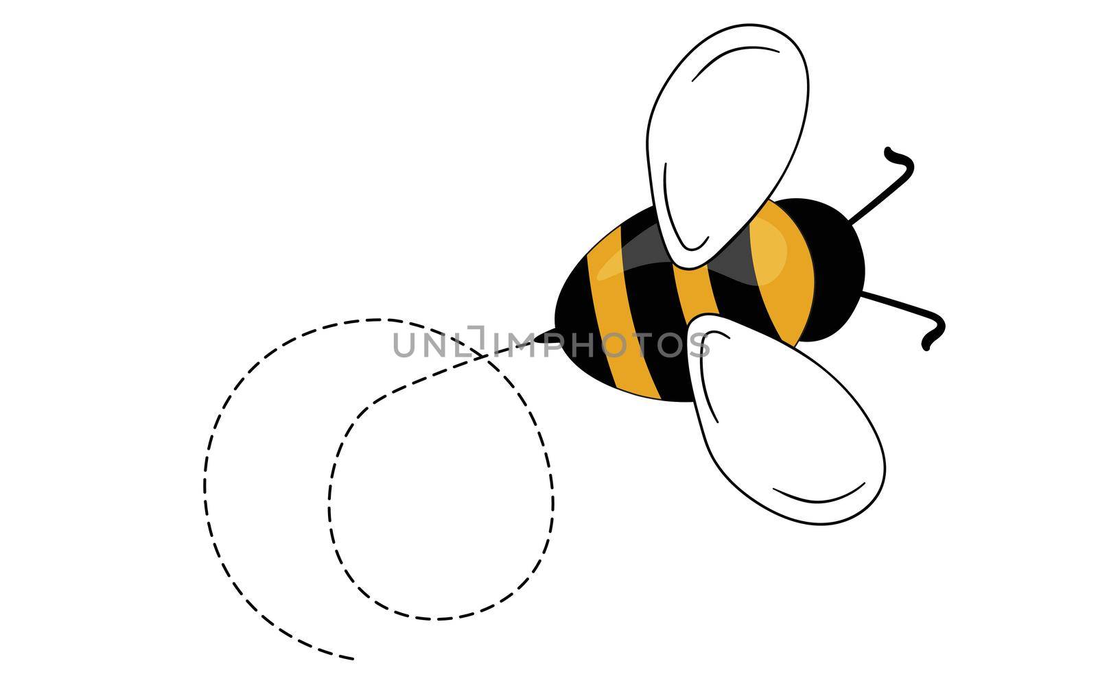Cartoon bee mascot. A small bees flying on a dotted route. Wasp collection. Vector characters. Incest icon. Template design for invitation, cards. Doodle style by allaku