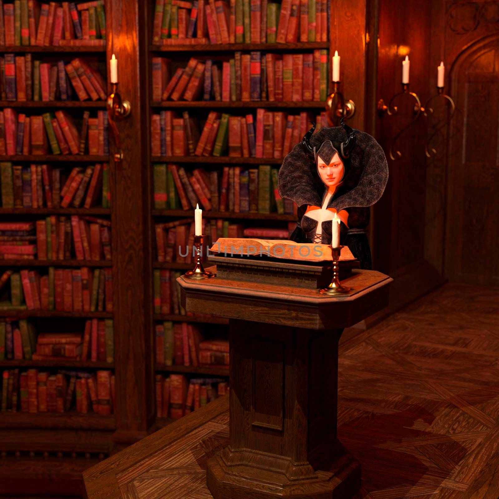 Illustration of a witch reading magic book with candlelight in a library of magic books - 3d rendering