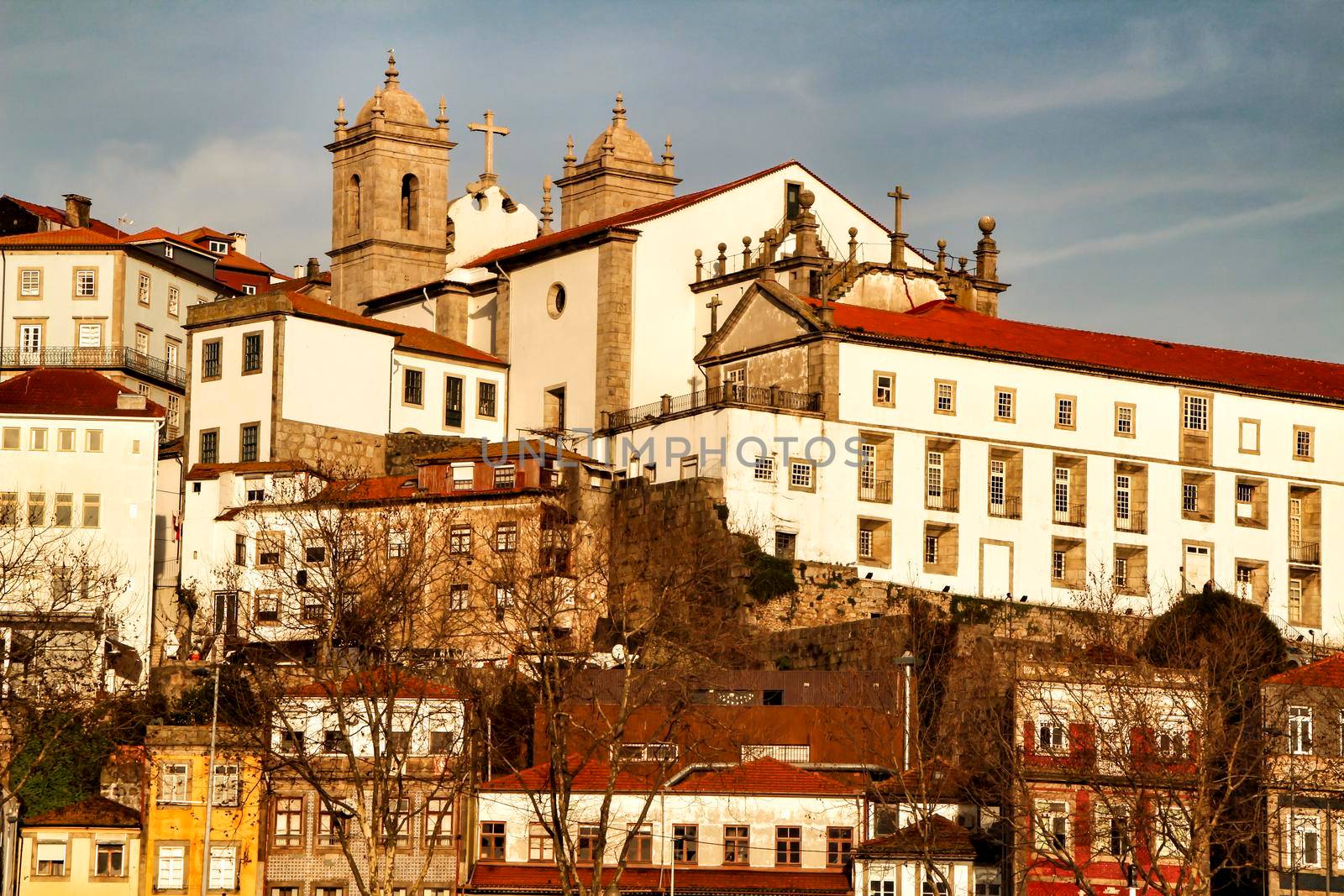 Beautiful view of the city of Porto from the Douro River on a clear day of winter