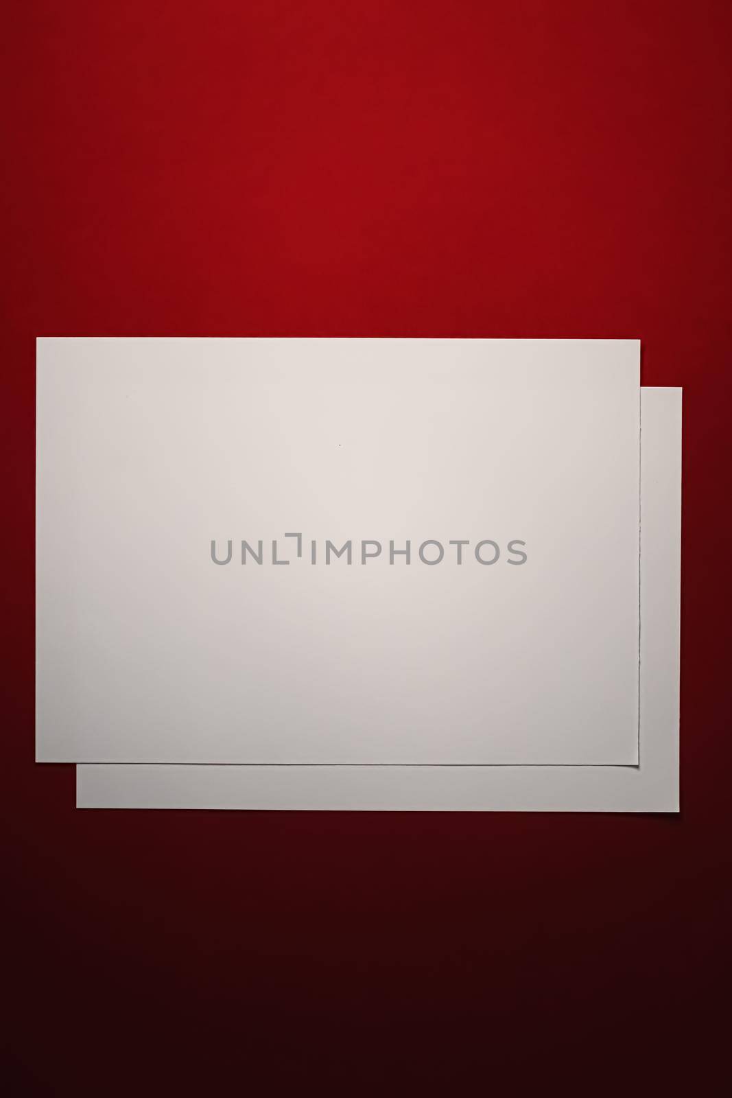 Blank A4 paper, white on red background as office stationery flatlay, luxury branding flat lay and brand identity design for mockup by Anneleven