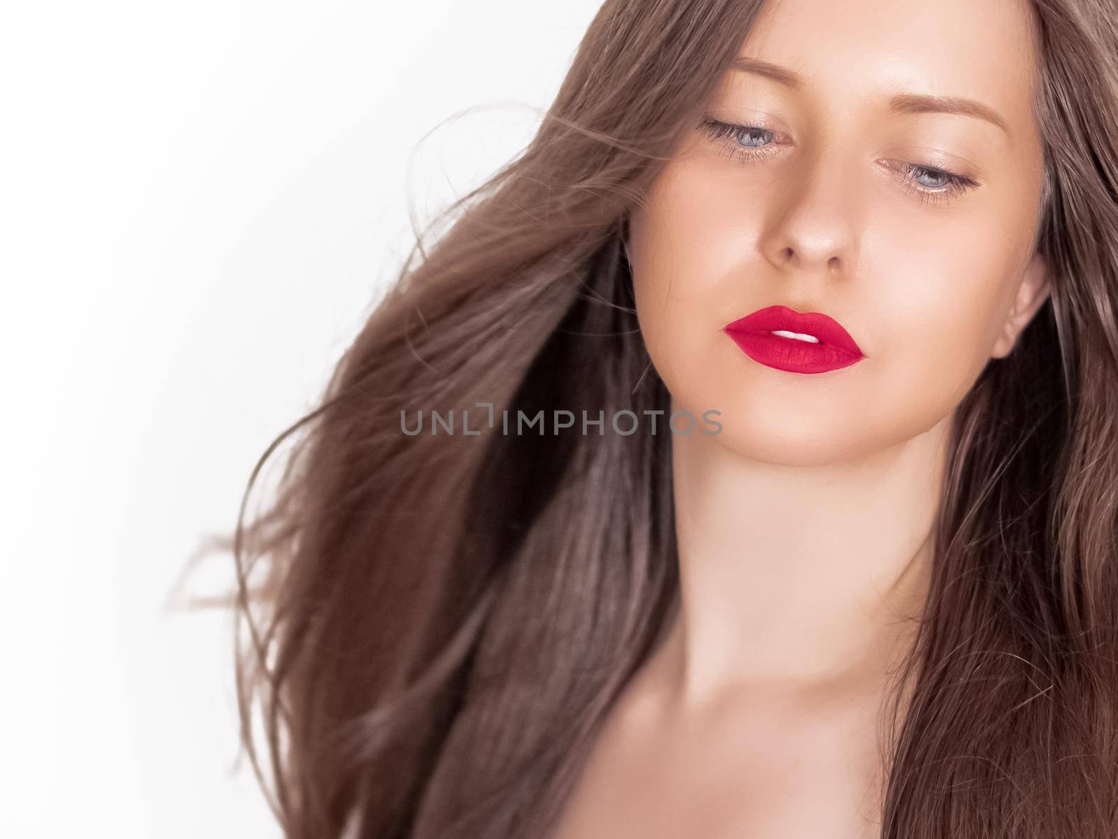 Beautiful woman with healthy gorgeous long hair and golden suntanned skin, natural brunette hairstyle and suntan makeup, haircare and beauty ad by Anneleven