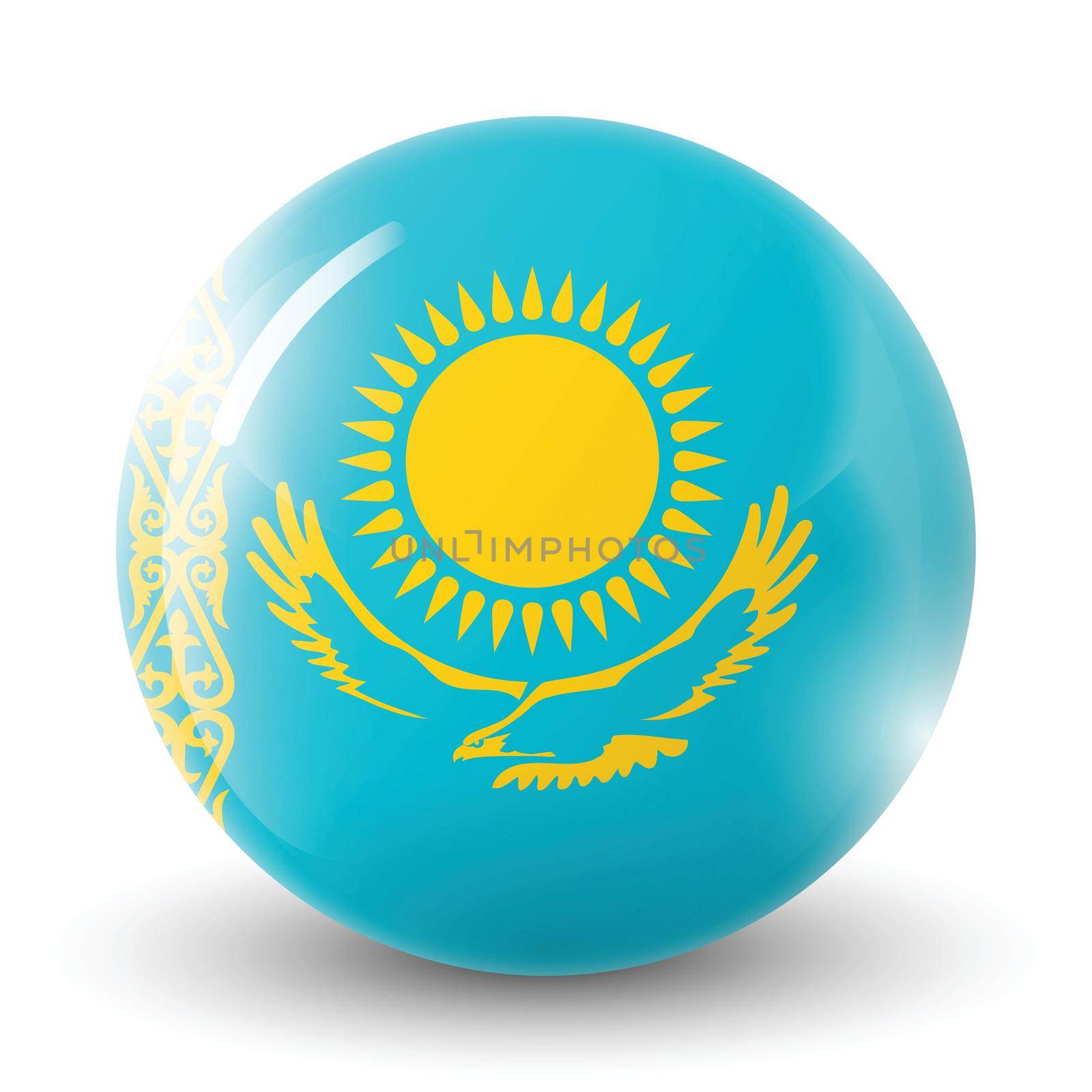 Glass light ball with flag of Kazakhstan. Round sphere, template icon. Kazakh national symbol. Glossy realistic ball, 3D abstract vector illustration highlighted on a white background. Big bubble.