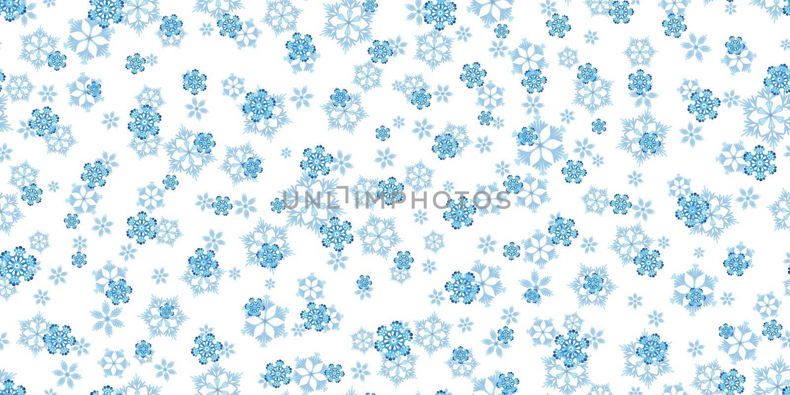 Winter seamless pattern with blue snowflakes on white background. Vector illustration for fabric, textile wallpaper, posters, gift wrapping paper. Christmas vector illustration. Falling snow by allaku