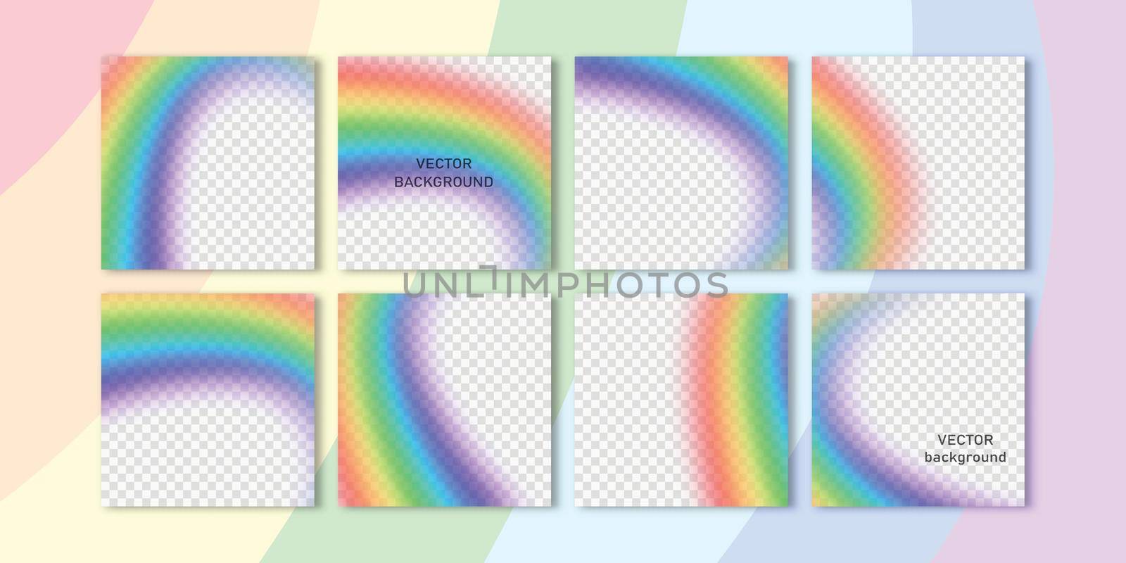 Trendy vector set for social media, social network stories and post, mobile apps, banners, web ads. Template transparanted rainbow background with copy space. Editable frame, mockup for advertising by allaku