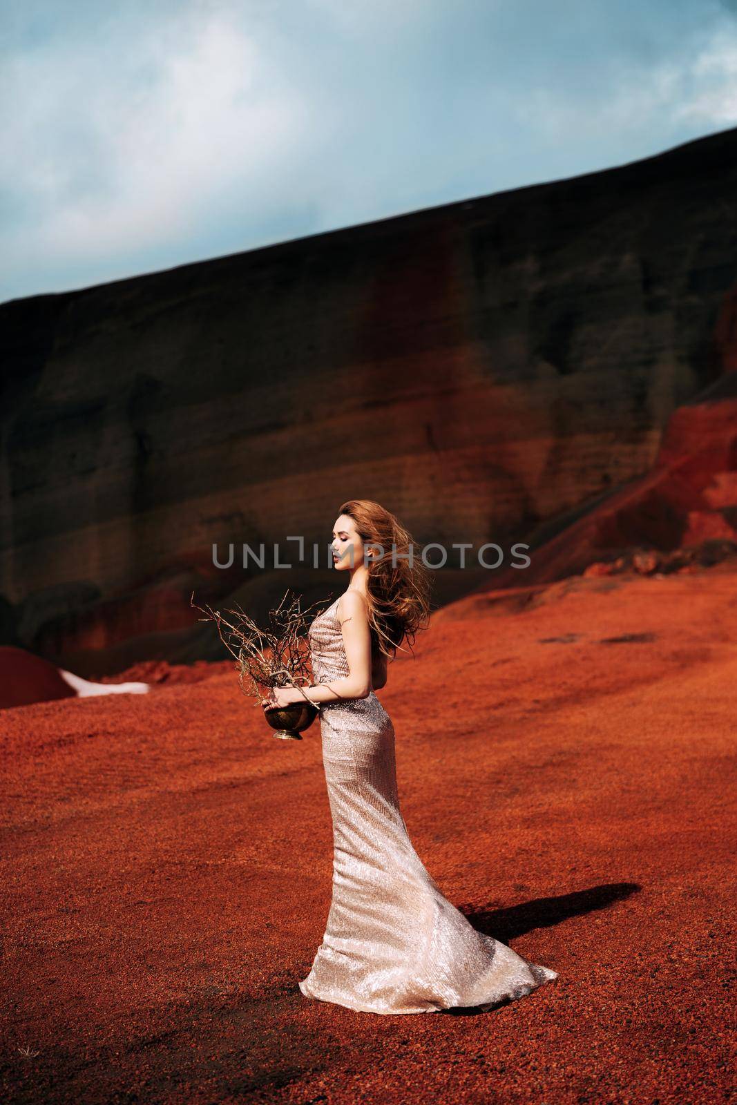 Portrait of a model bride in a gold wedding evening dress, in a yellow-red sandy quarry, in the crater of a volcano in Iceland, Golden Circle.