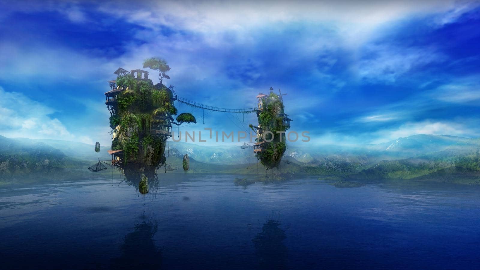 Fantastic mountain landscape with a lake and islands flying above it. 3D render.