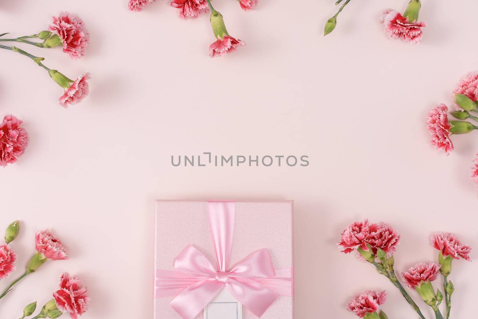 Mother's day background concept. Top view design of holiday greeting gift with carnation bouquet on bright pink table background
