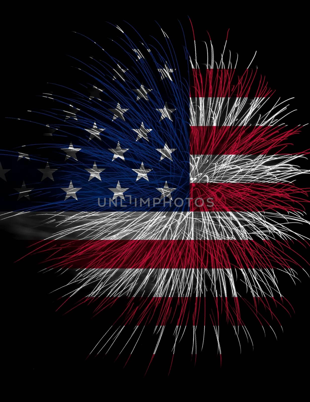 Concept of celebrating Independence Day in United States of America. USA national flag with fireworks background for 4th of July.