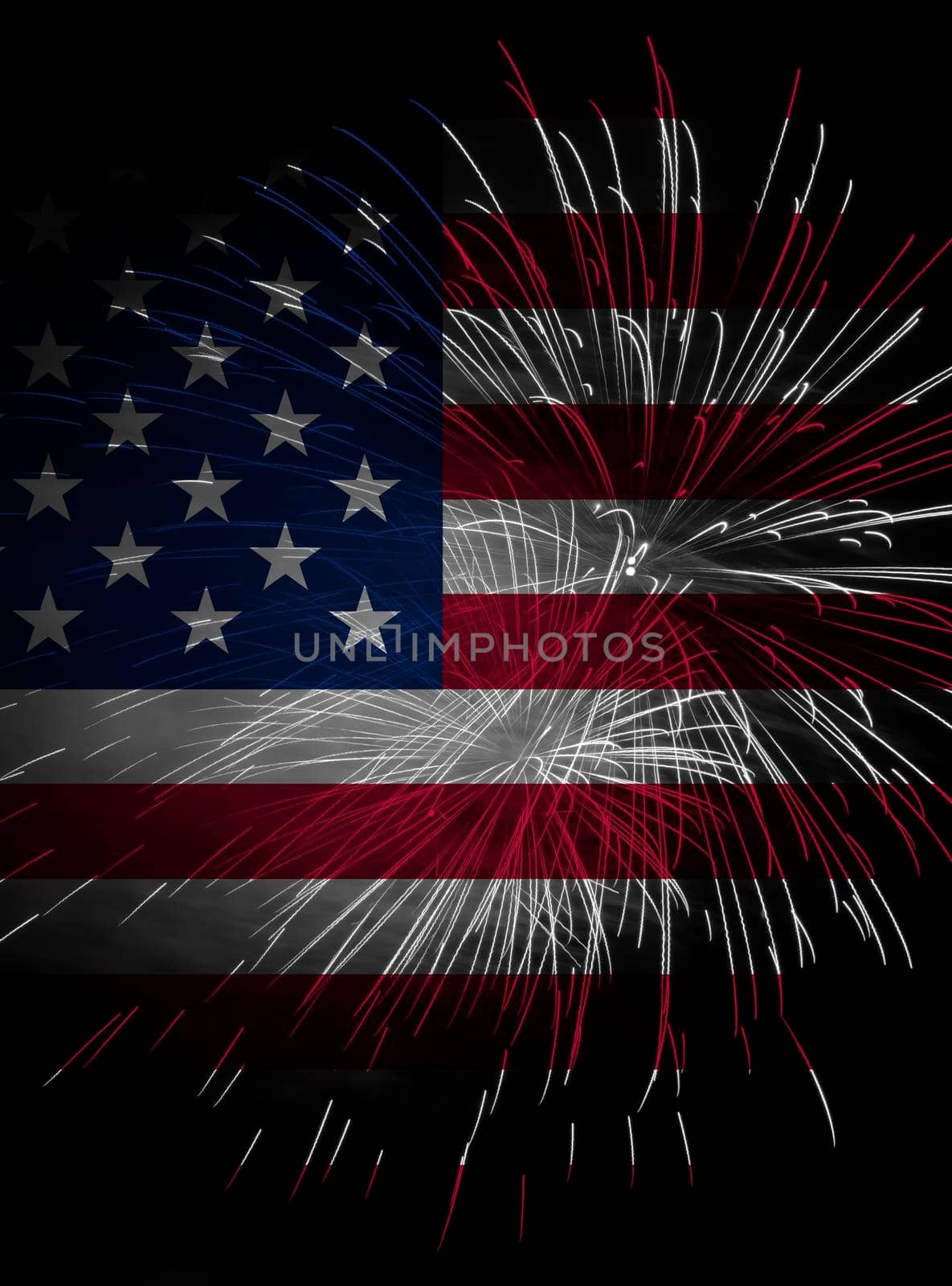 Concept of celebrating Independence Day in United States of America. USA national flag with fireworks background for 4th of July.