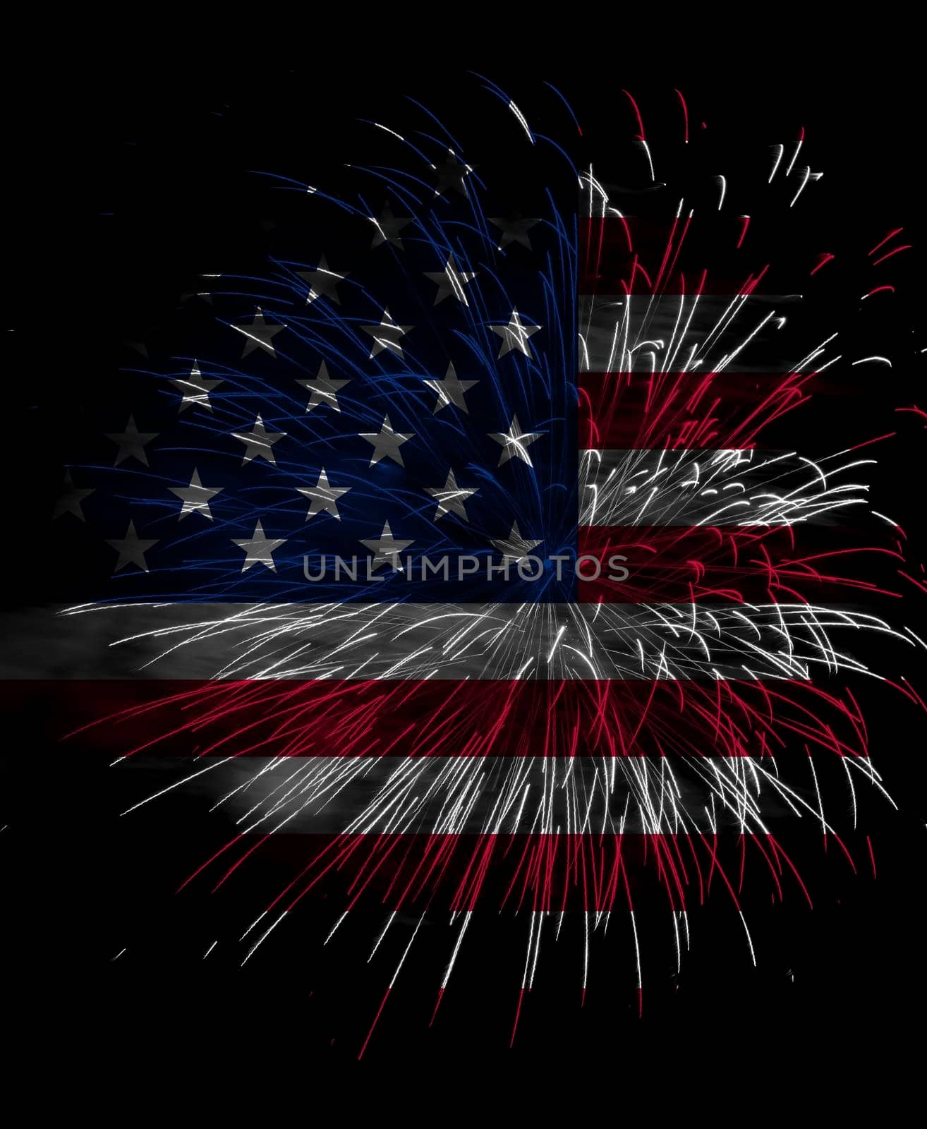 Concept of celebrating Independence Day in United States of America. USA national flag with fireworks background for 4th of July.