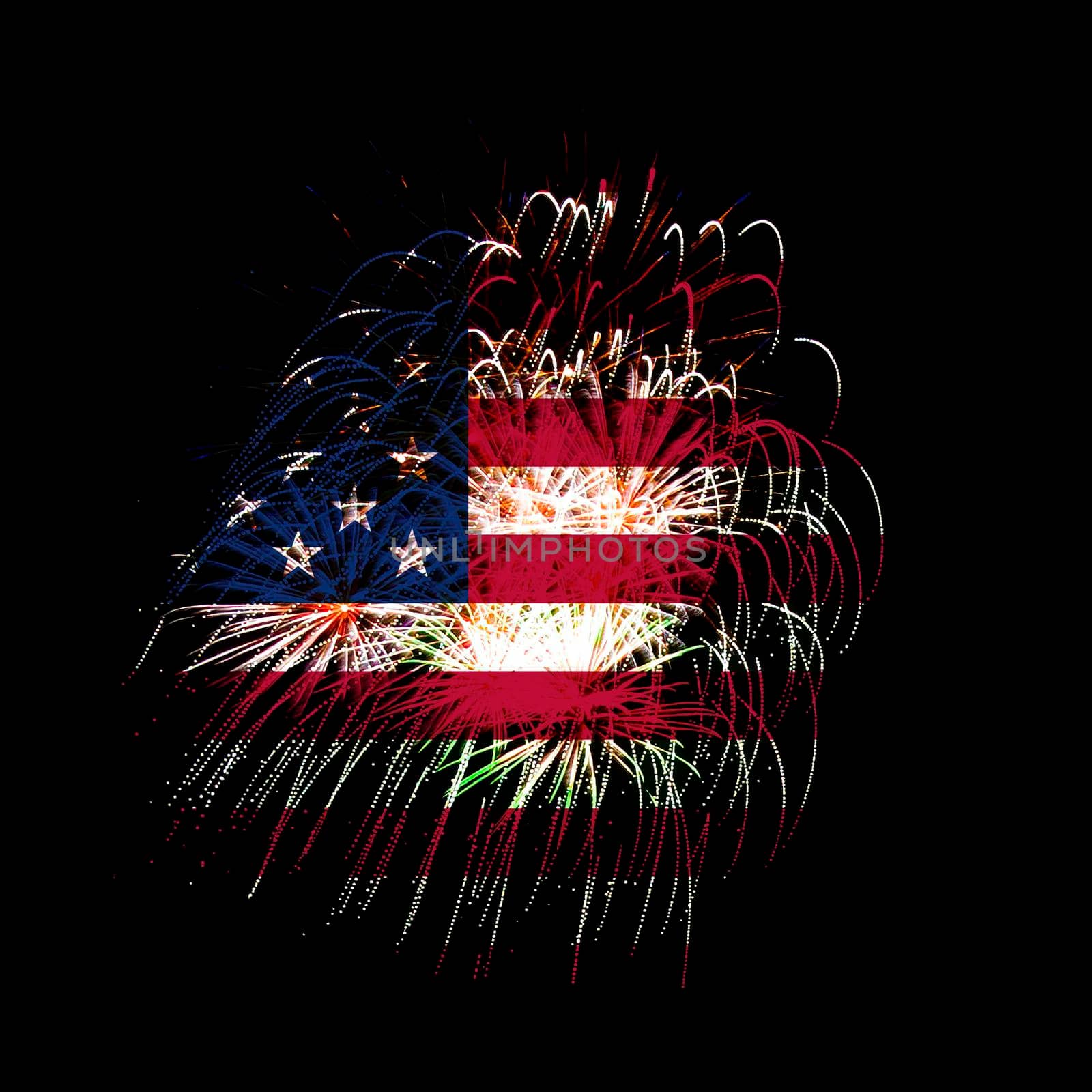 Concept of celebrating Independence Day in United States of America. USA national flag with fireworks background for 4th of July.