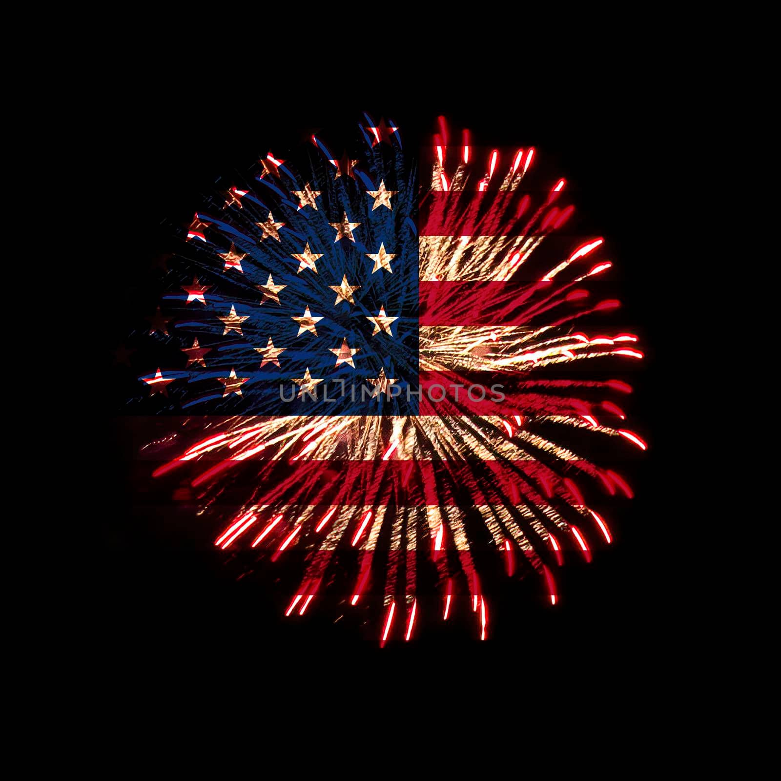 Concept of celebrating Independence Day in United States of America. USA national flag with fireworks background for 4th of July.