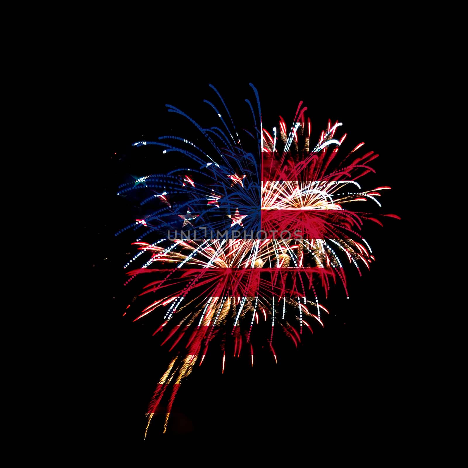 Concept of celebrating Independence Day in United States of America. USA national flag with fireworks background for 4th of July.